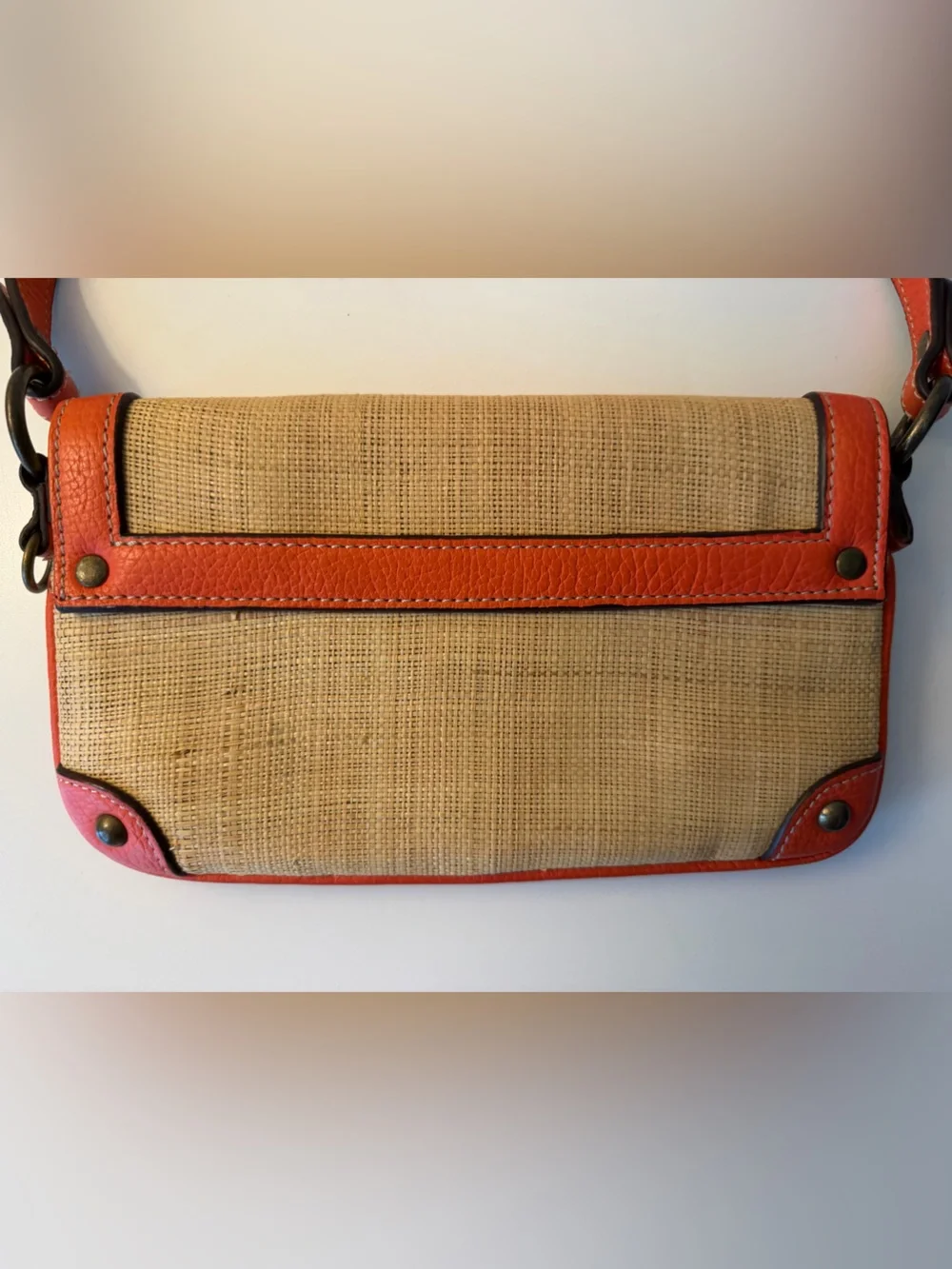 J Crew Woven Straw Shoulder Bag with Orange Leather Trim